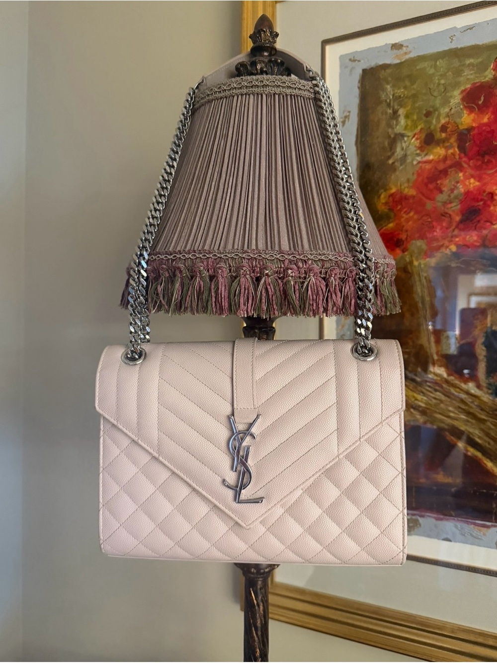 Saint Laurent Quilted Shoulder Bag in Pale Pink with Silver Hardware